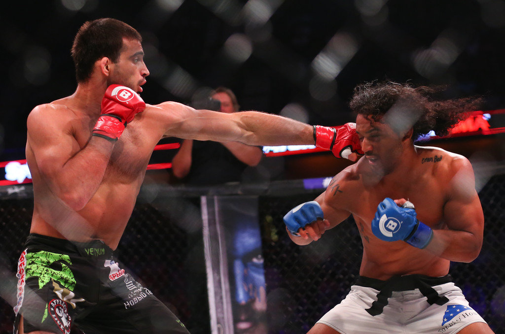 Andrey Koreshkov's stiff jab connects in a Bellator bout