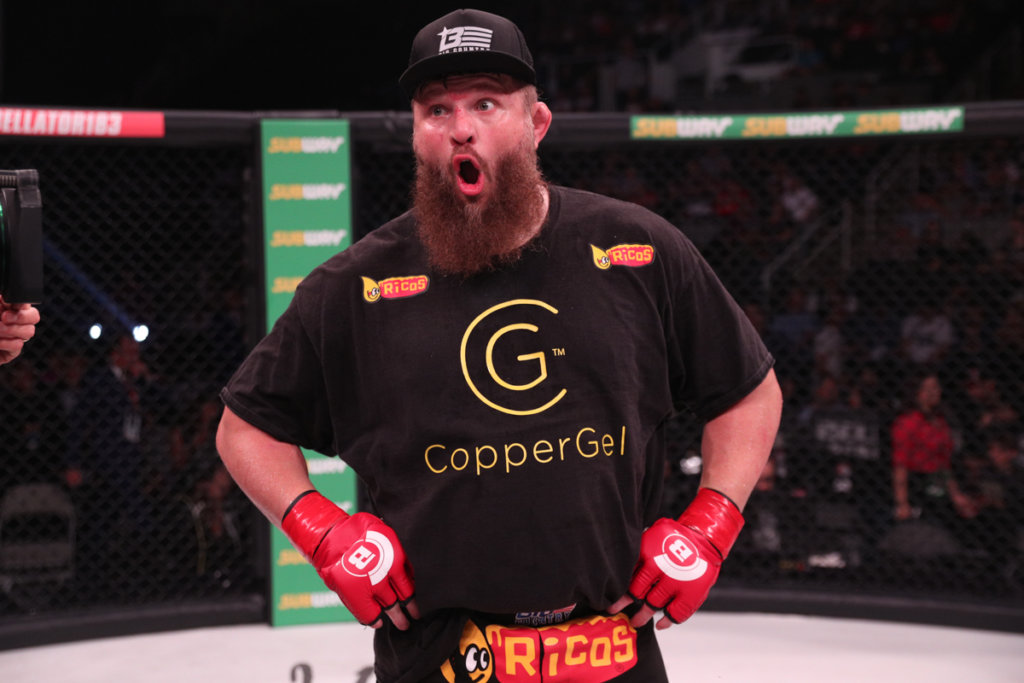 Roy Nelson celebrates after defeating Javy Ayala by unanimous decision in Bellator