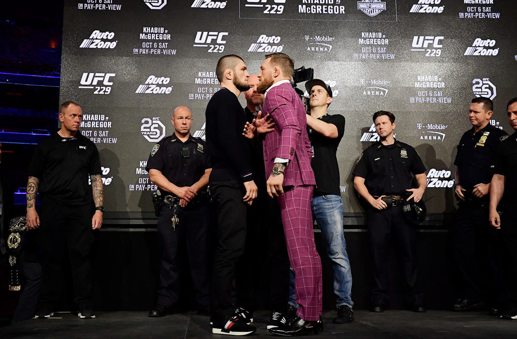 Lightweight champion Khabib Nurmagomedov faces-off with Conor McGregor during the UFC 229 Press Conference
