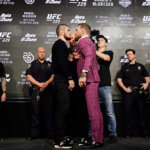 Lightweight champion Khabib Nurmagomedov faces-off with Conor McGregor during the UFC 229 Press Conference