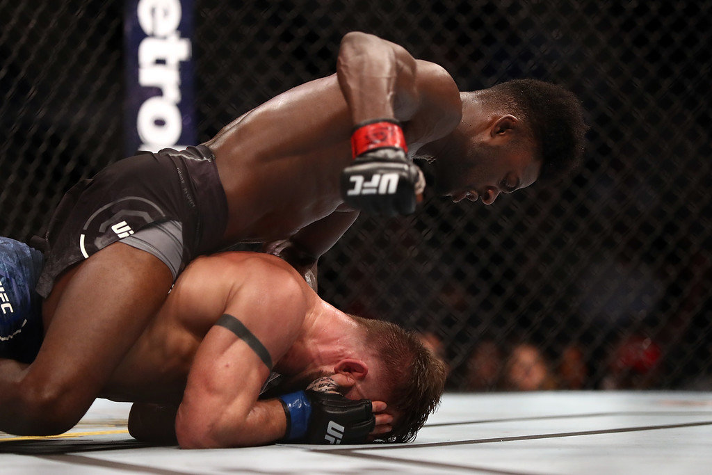 Aljamain Sterling, top and Cody Stamann in their Bantamweight bout during UFC 228
