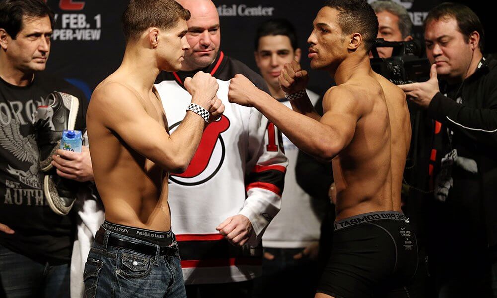 Al Iaquinta and Kevin Lee at the UFC 169 weigh-ins