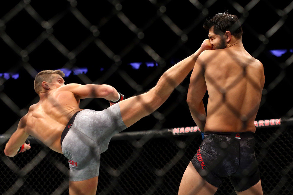 Stephen Thompson lands a kick against Jorge Masvidal in their welterweight bout during the UFC 217