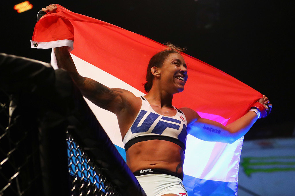 Germaine de Randamie of the Netherlands celebrates victory over Anna Elmose of Denmark