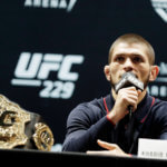 UFC lightweight champion Khabib Nurmagomedov speaks during a press conference for UFC 229 at Park Theater at Park MGM on October 04, 2018 in Las Vegas, Nevada. Nurmagomedov will defend his title against Conor McGregor at UFC 229 on October 6 at T-Mobile Arena in Las Vegas, Nevada.